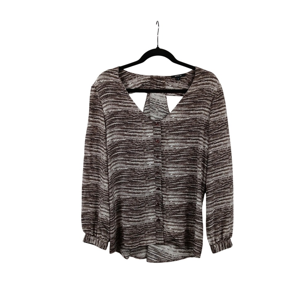 DREW Silk Abstract Print V Neck Long Sleeve Cutout Back Blouse Top Womens L